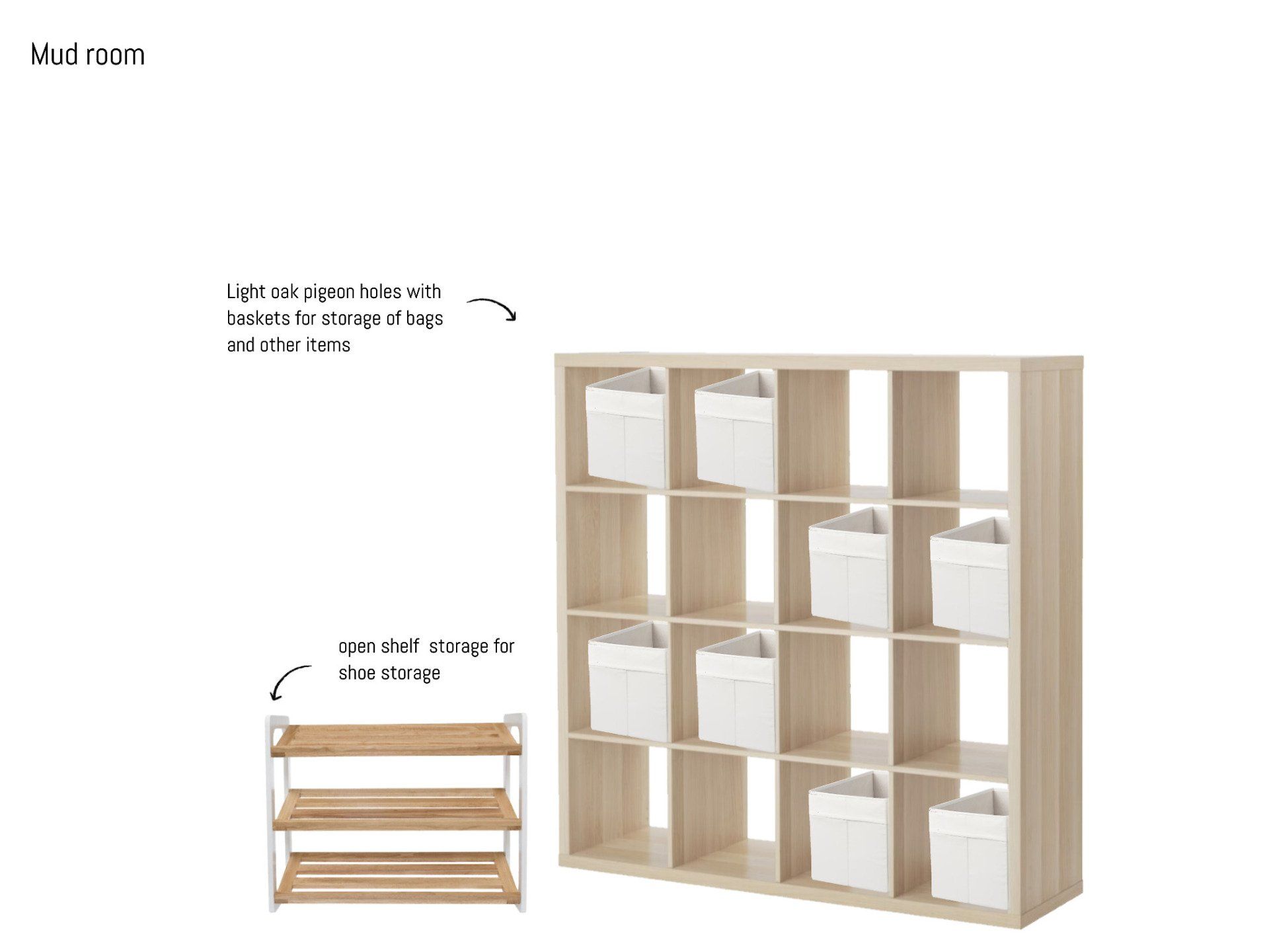 A picture of a shelf with white bins and a shoe rack.