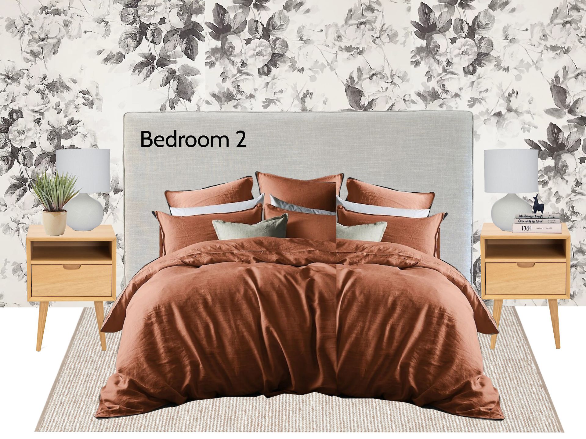 A bedroom with a bed , two nightstands and a rug