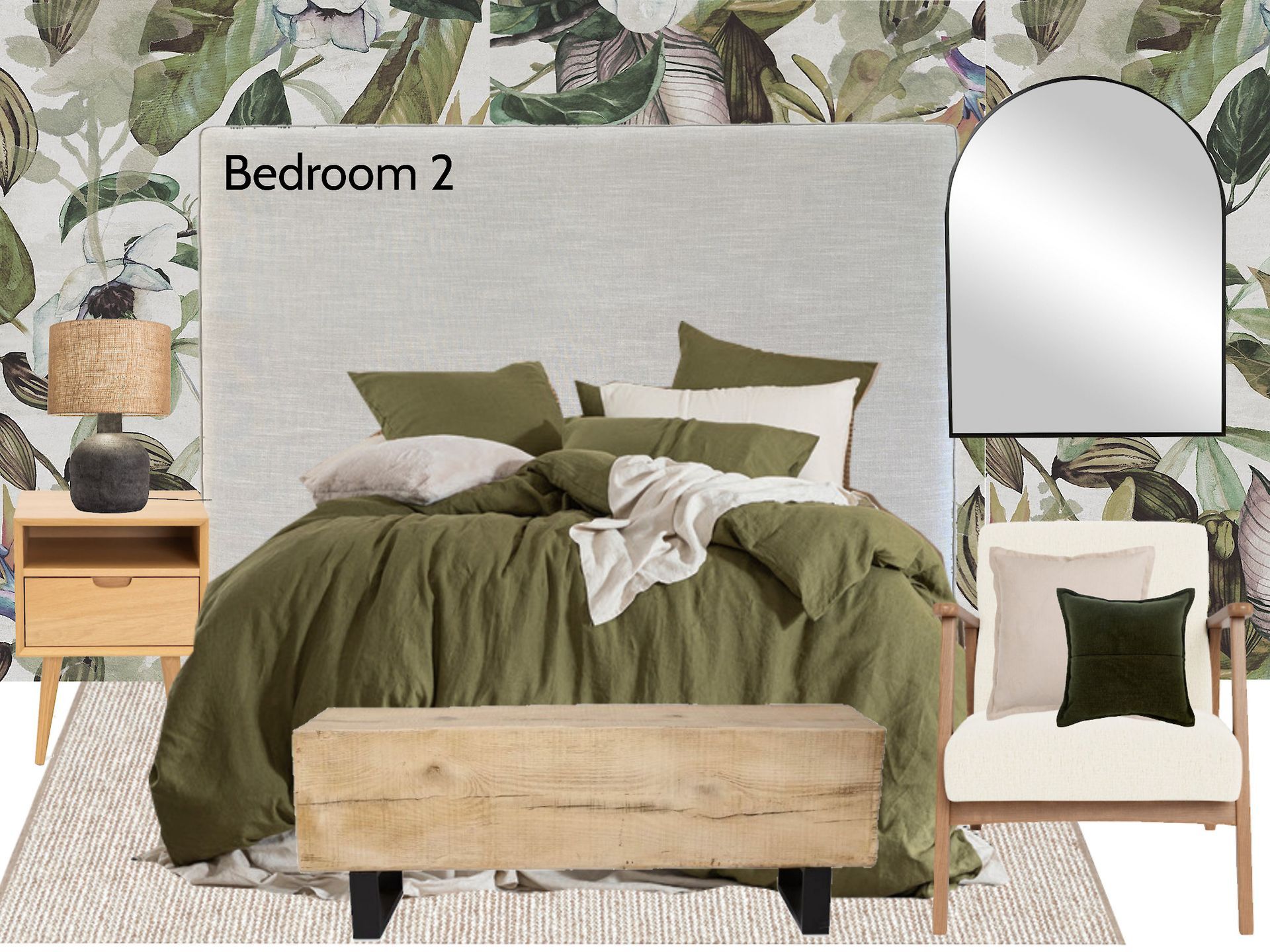 A bedroom with a bed , chair , nightstand and mirror
