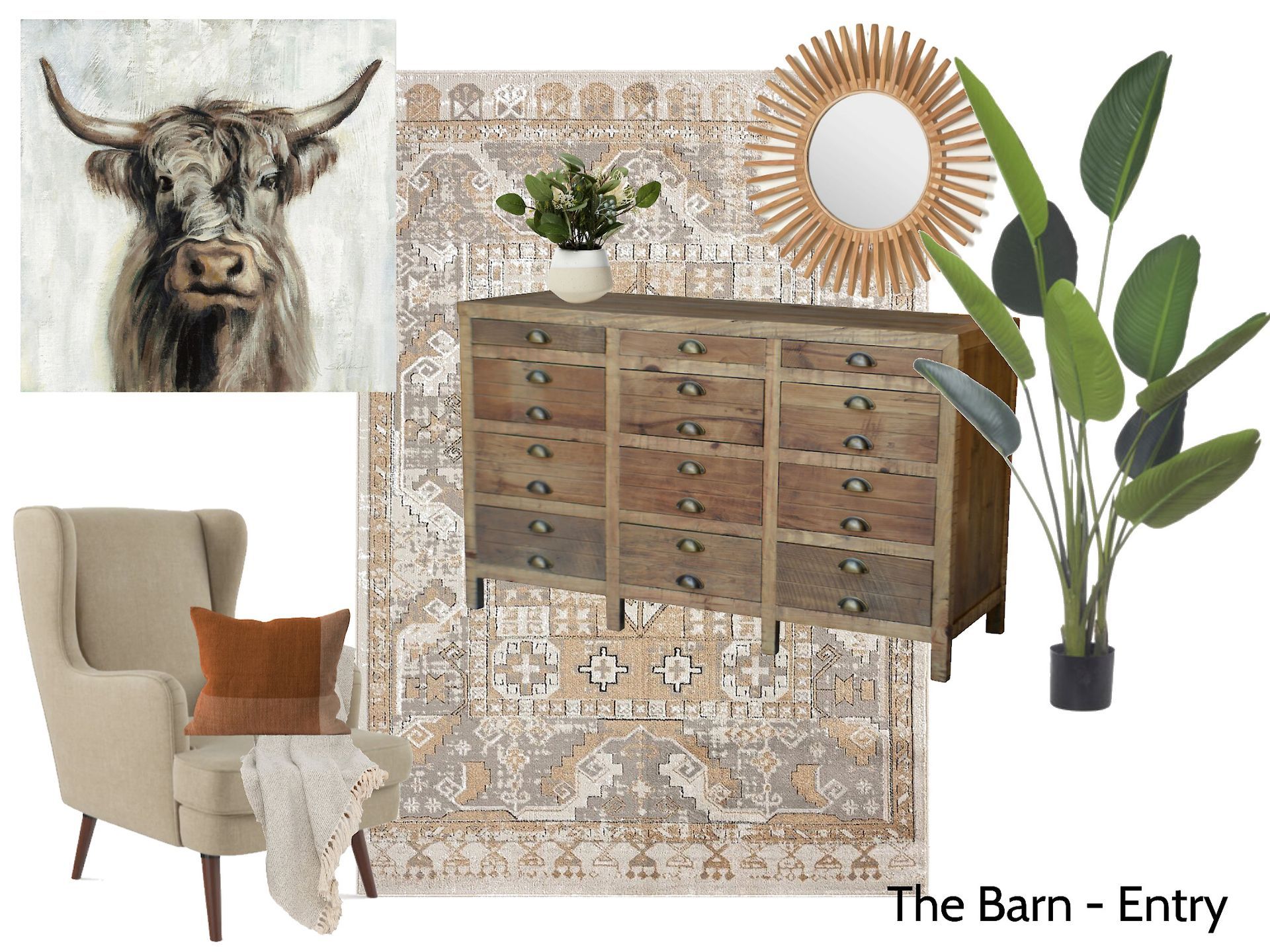 A room with a cow on the wall , a chair , a dresser , a rug , and a mirror.