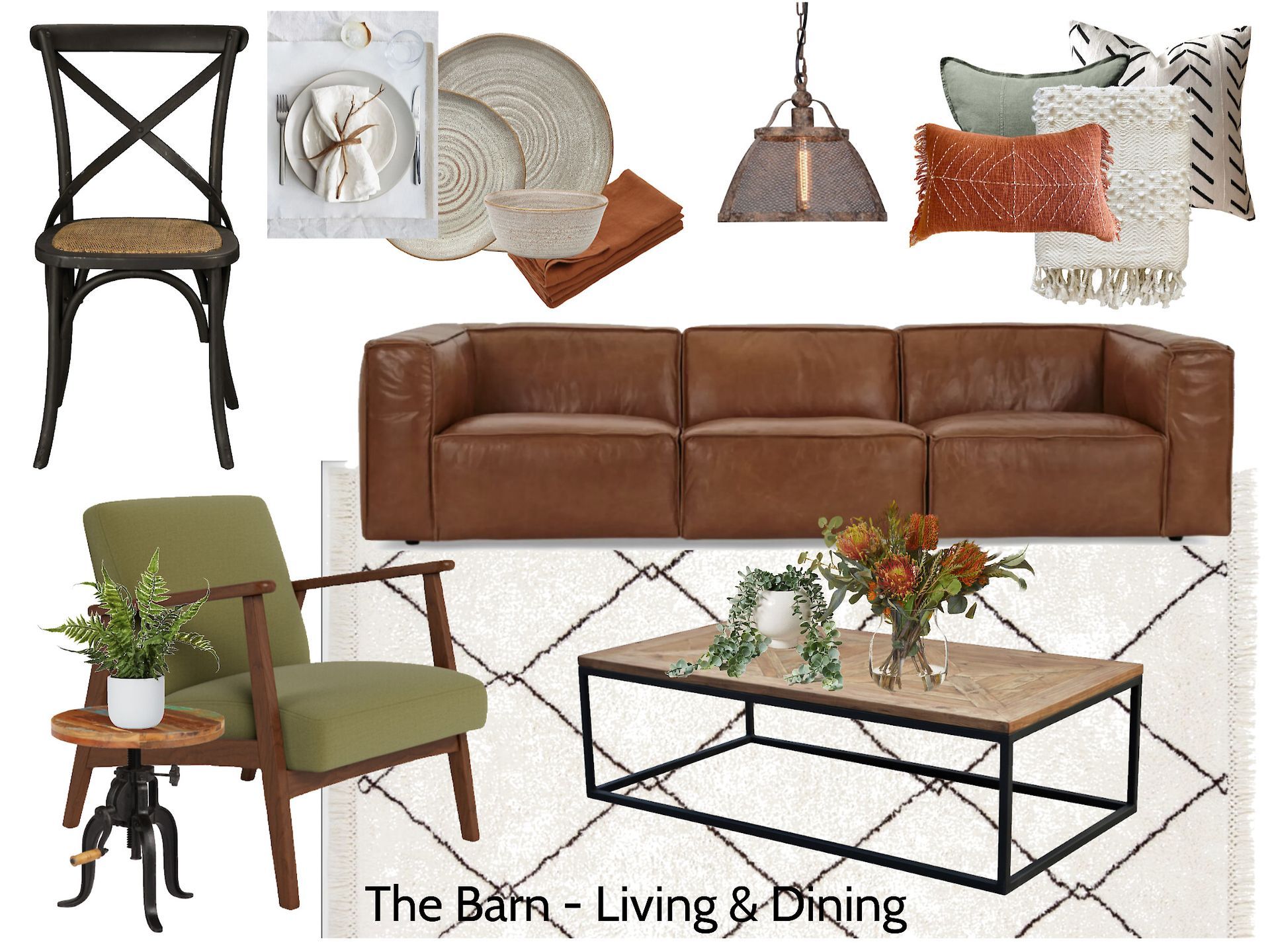 A living room with a brown leather couch and green chairs