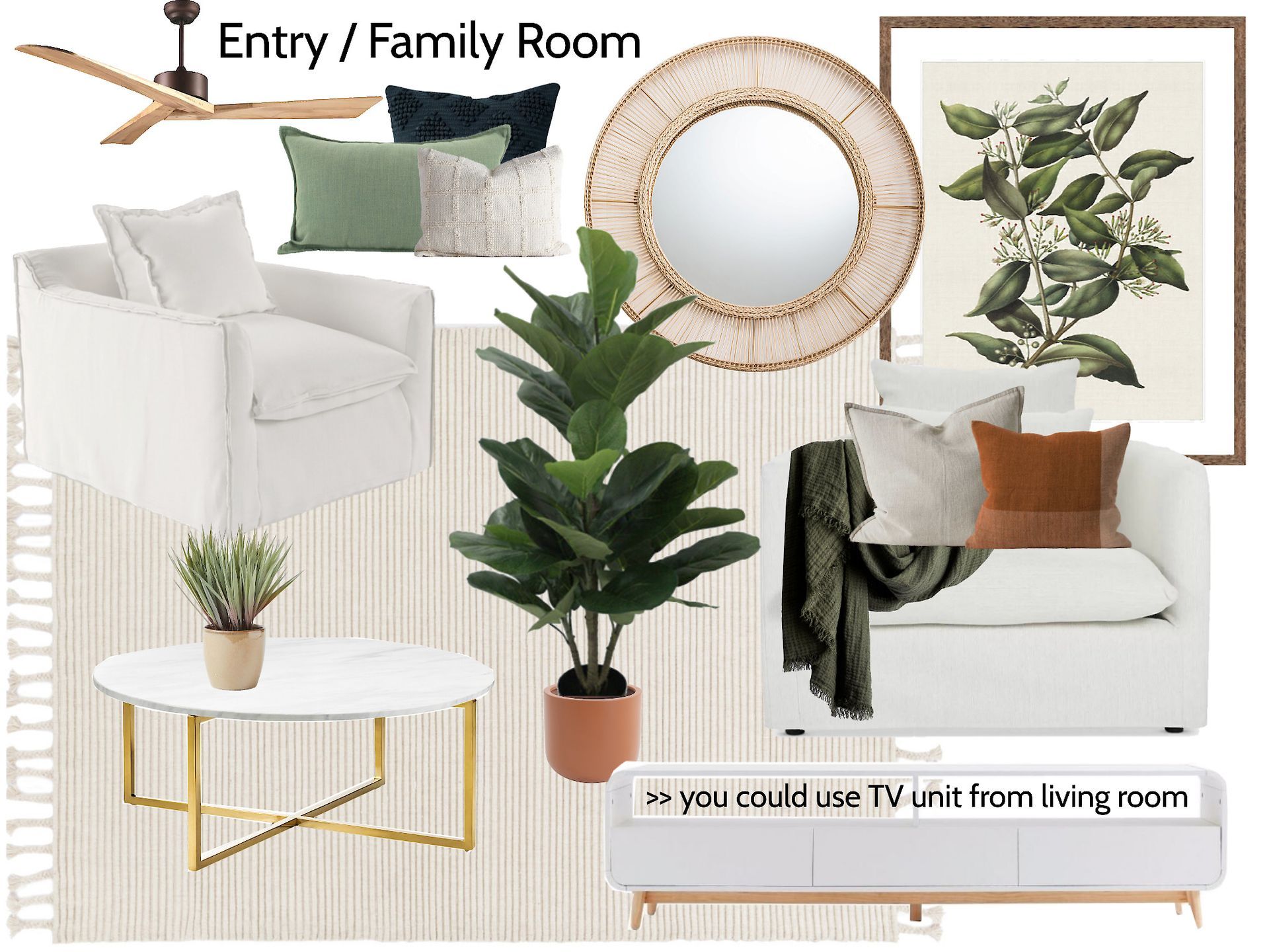 A living room with a white couch , chair , coffee table and plants.