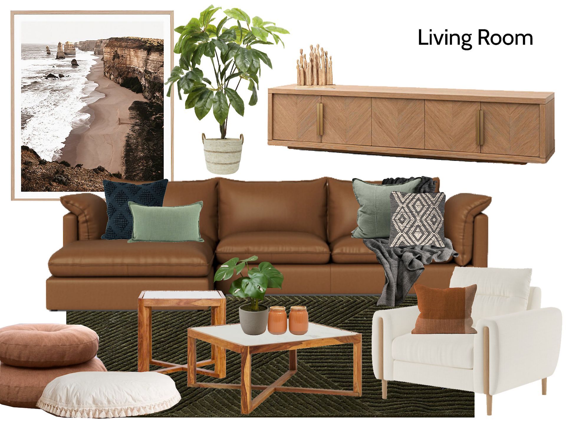 A living room with a brown leather couch and a white chair