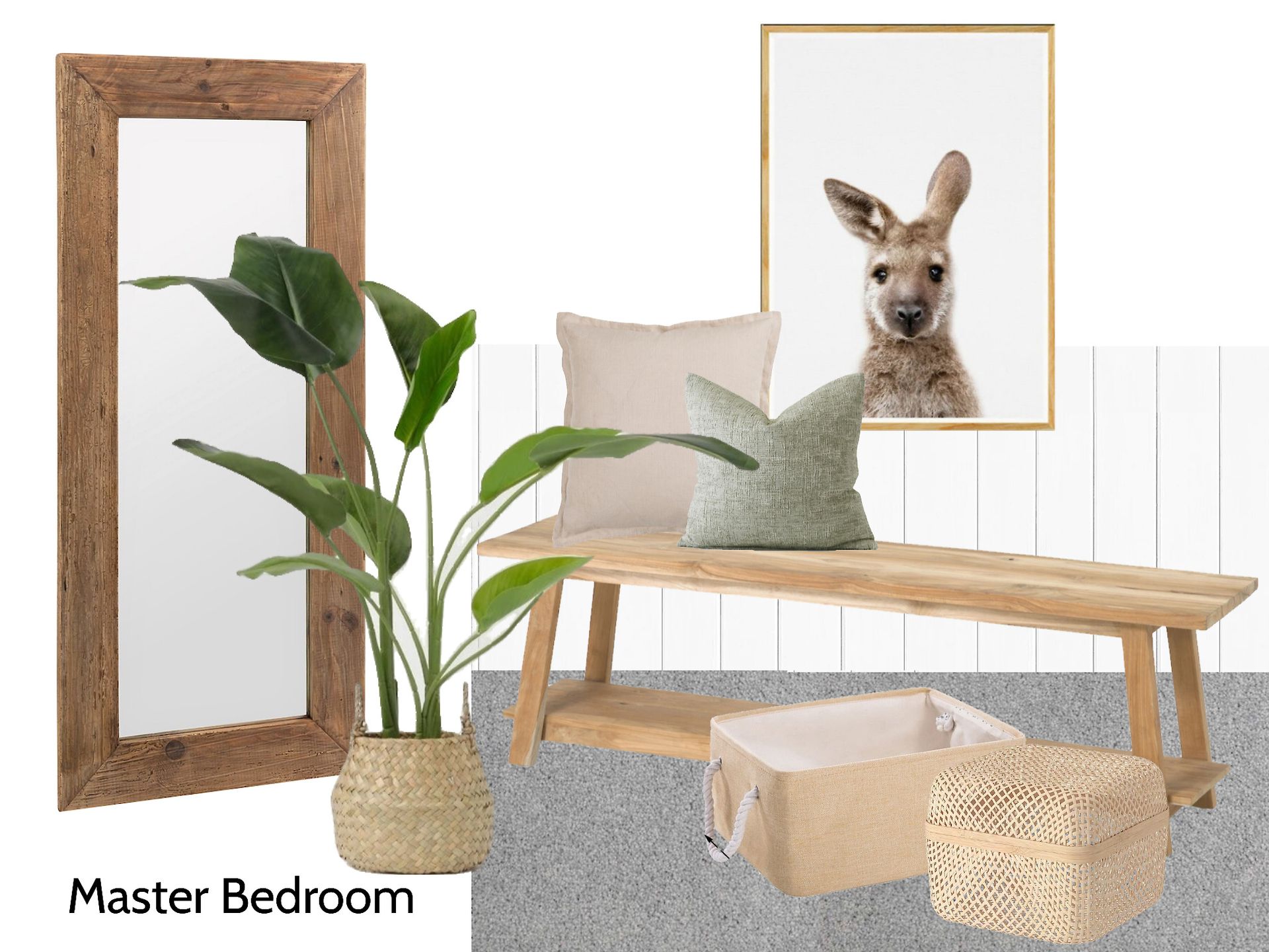 A picture of a master bedroom with a kangaroo on the wall.