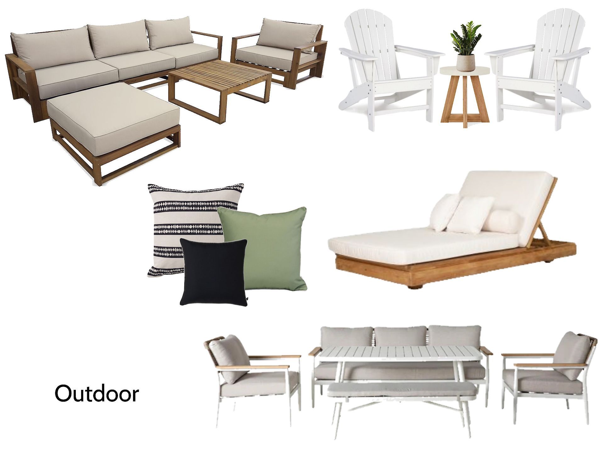 A collage of outdoor furniture including a couch , chairs , table and bench.