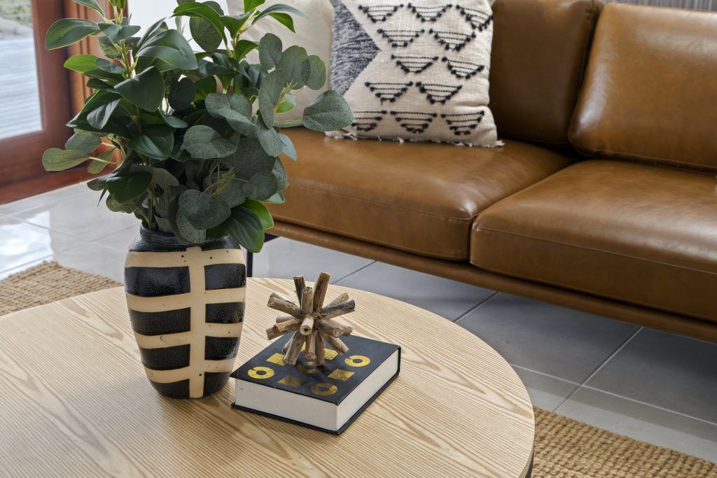 A living room with a couch and a coffee table with a plant and a book on it.