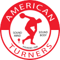 The logo for american turners shows a man throwing a frisbee.