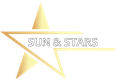A gold star with the words sun & stars on it