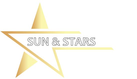 A gold star with the words sun & stars on it