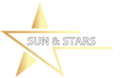 A gold star with the words sun & stars on it