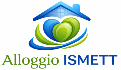 Logo per Alloggio ISMETT con un'icona di una casa blu che racchiude forme di cuore blu e verdi sopra il testo.