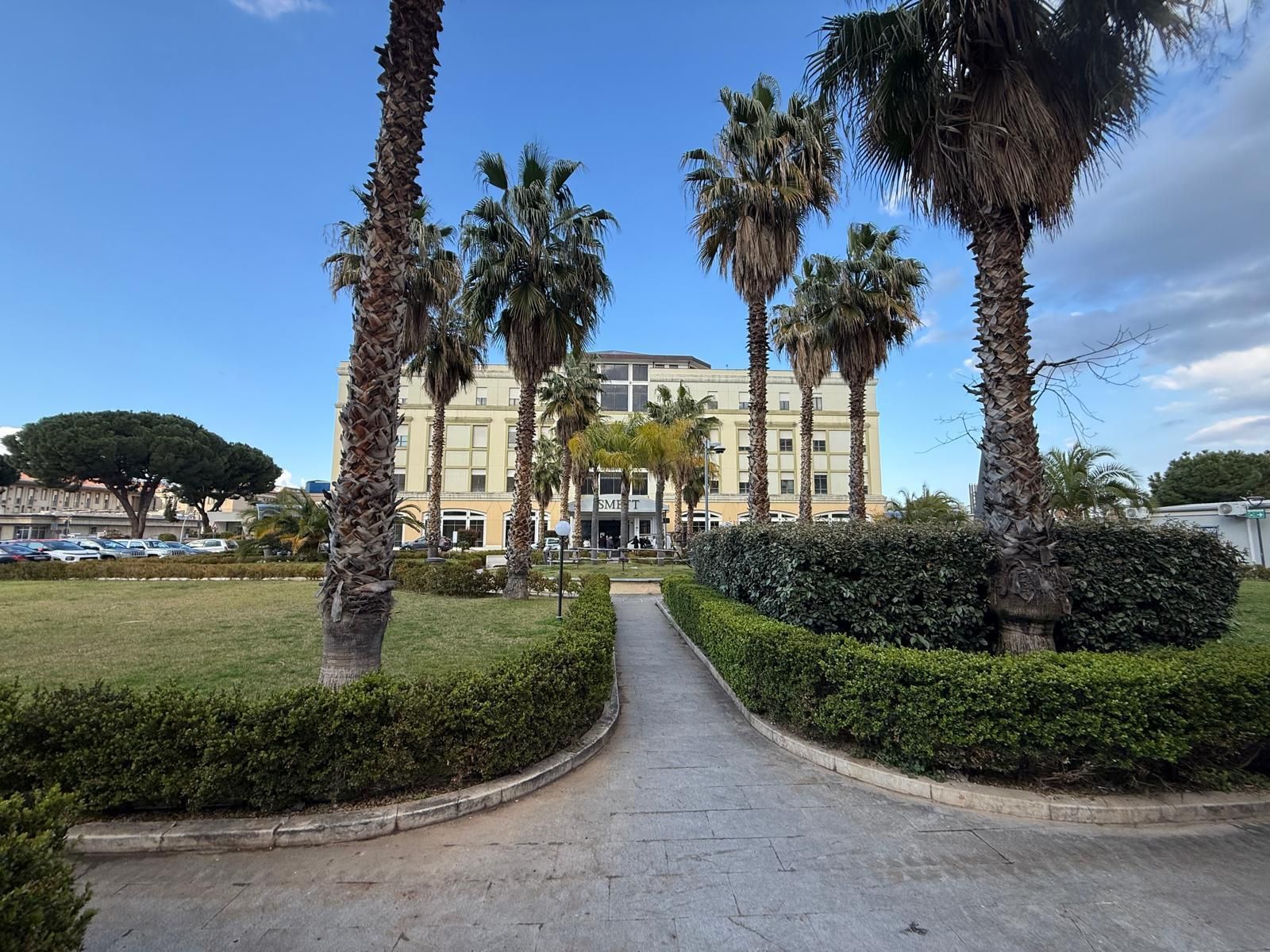 Un sentiero lastricato attraversa un parco e conduce a un edificio a più piani