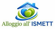 Logo per Alloggio ISMETT con un'icona di una casa blu che racchiude forme di cuore blu e verdi sopra il testo.