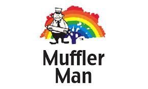 Cartoon man with a muffler, rainbow, and company name "Muffler Man."