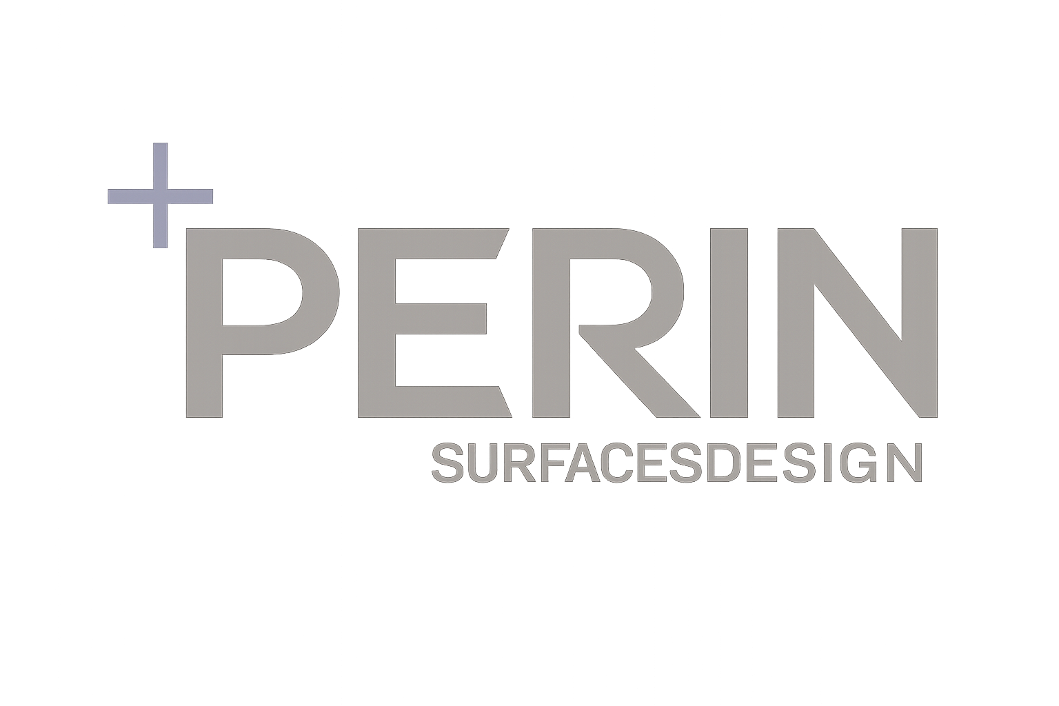 Logo PERIN Surfaces Design in grigio con un'icona a forma di croce