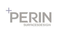 Logo PERIN Surfaces Design in grigio con un'icona a forma di croce