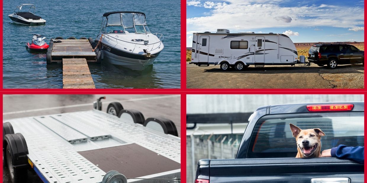 A collage of four pictures of a boat , a trailer , a rv , and a truck.