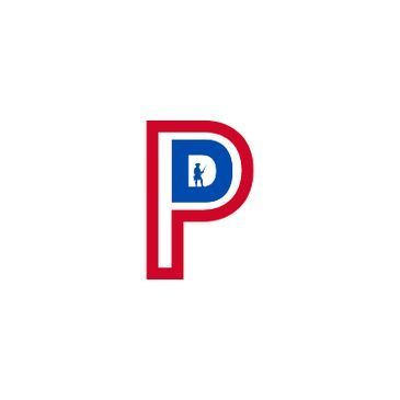 A red , white and blue letter p with a horse in the middle.