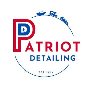 The logo for patriot detailing shows a circle with cars and a boat in it.