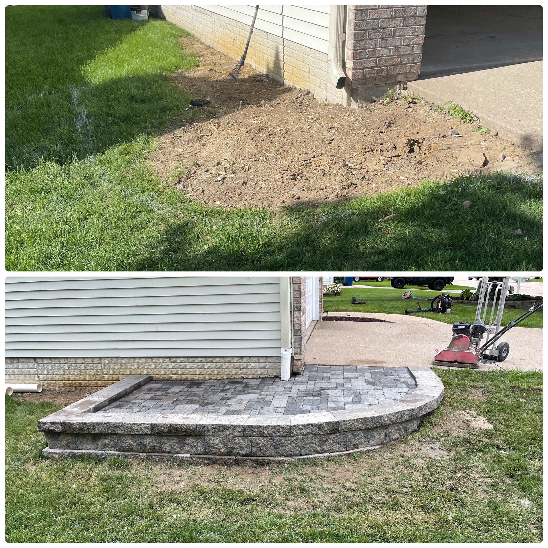 A patio with a couch , table , chairs and a grill.