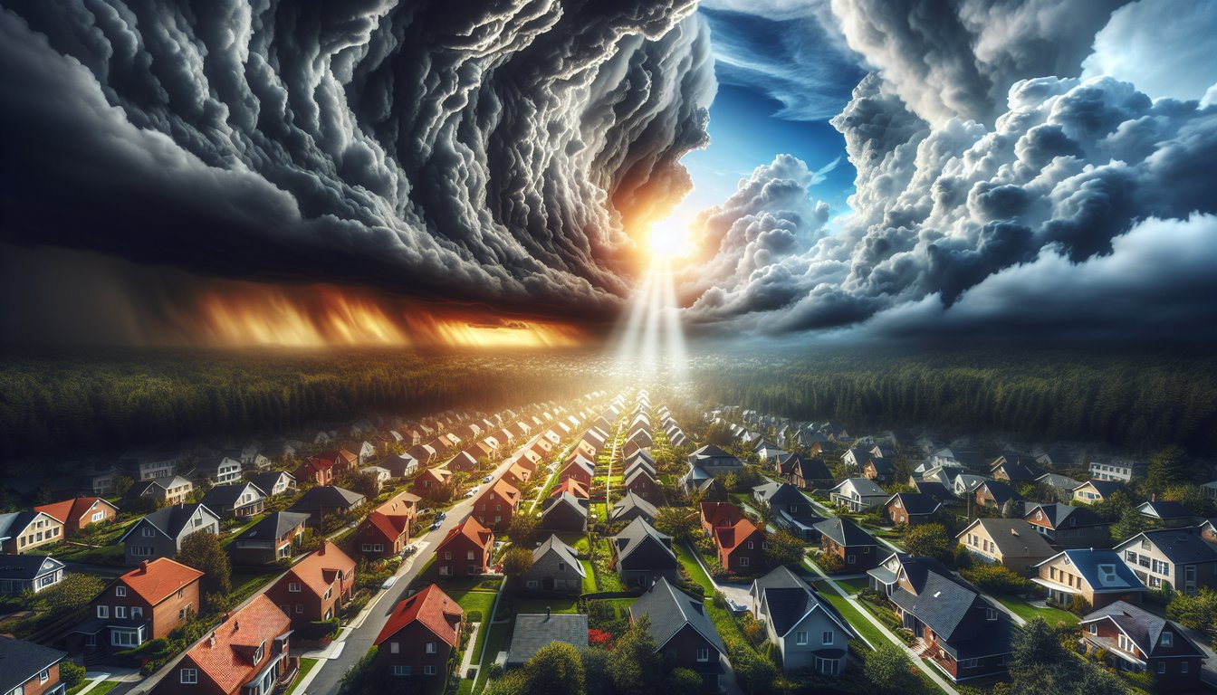 The image features a dramatic scenic view of Long Island with a backdrop of dark, stormy clouds roll