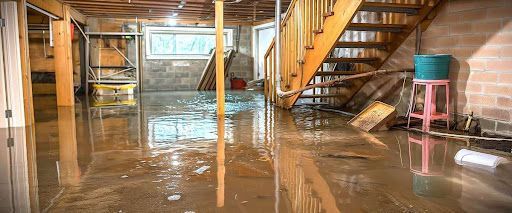 Basement water damage with standing flood water and soaked furniture after heavy rain.