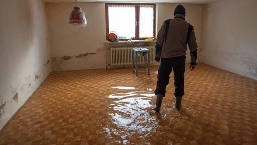Flooded lower-level room with moisture stains and a person inspecting water intrusion.