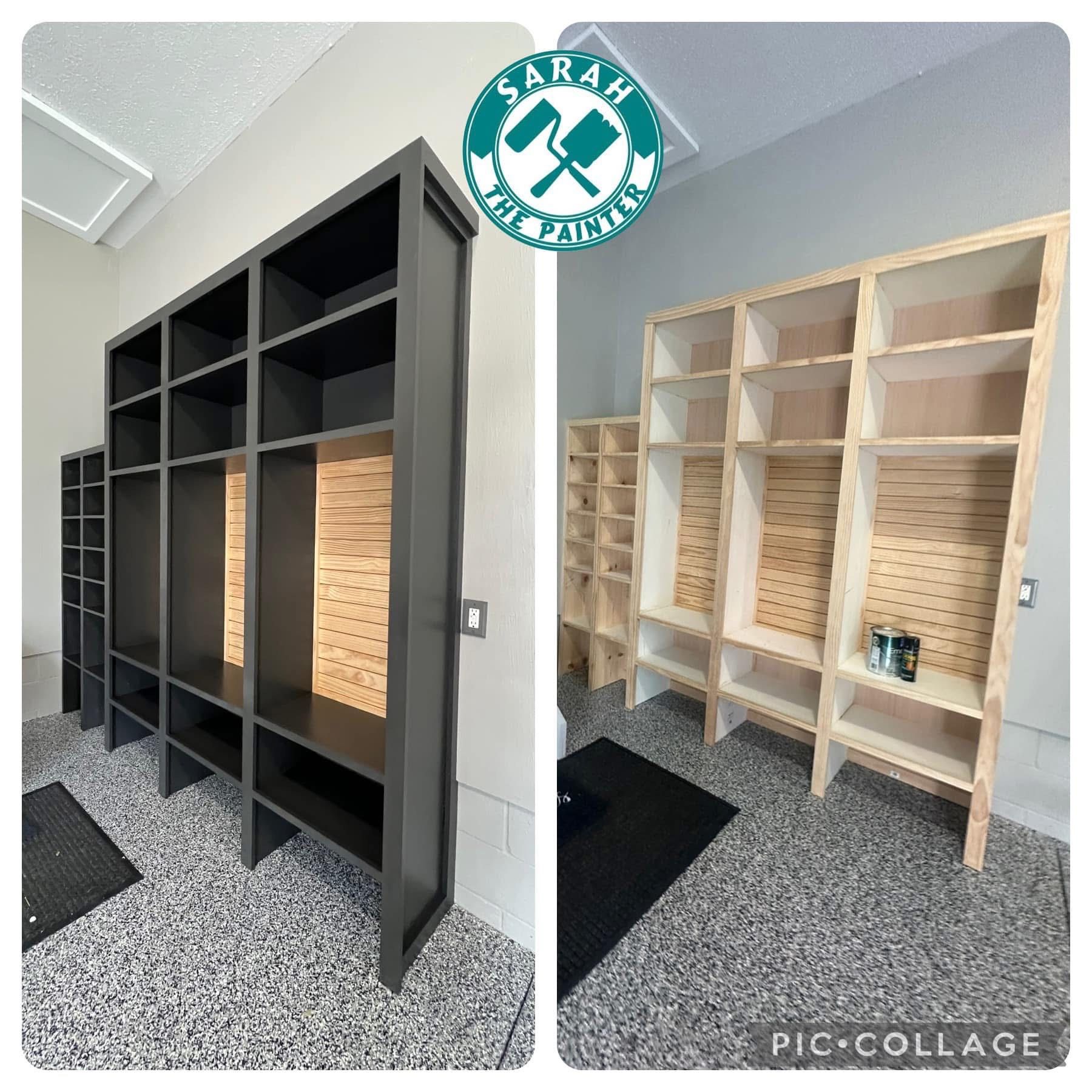 Covered porch with green floor, gray siding, red door, and white trim.