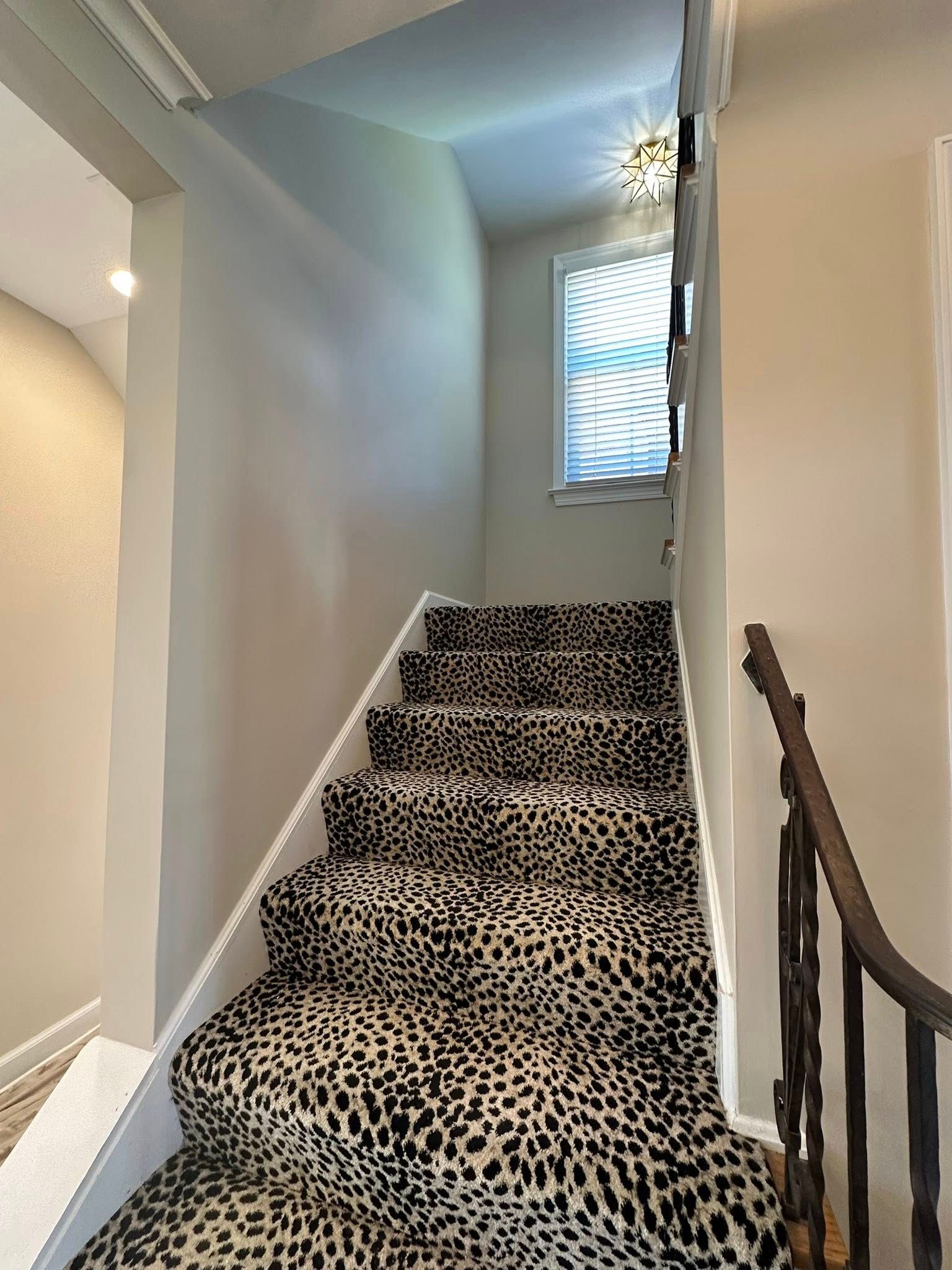 Staircase with leopard print carpet and a window, with a dark wooden handrail and light walls.