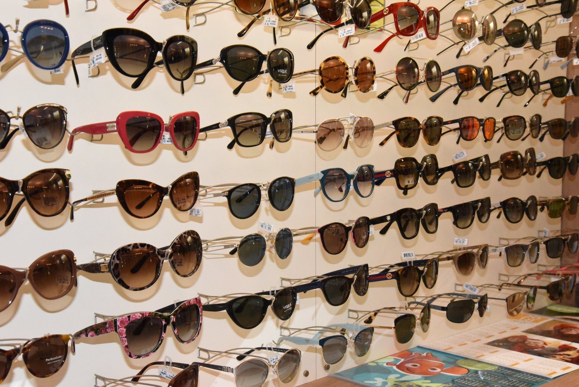 parete dell'ottica con occhiali da sole esposti