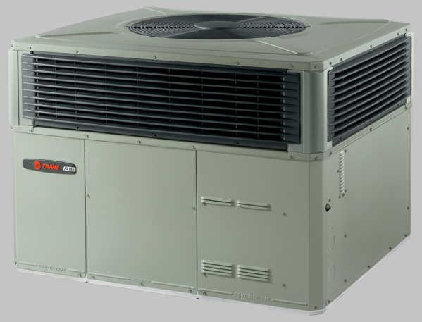 A trane air conditioner is sitting on a white surface