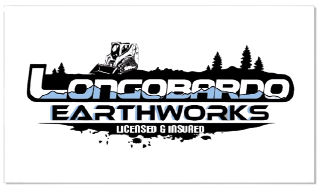 Logo for Longobardo Earthworks: Black and white with blue accents. Features an excavator and stylized landscape.