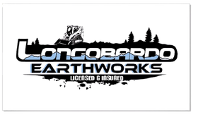 Logo for Longobardo Earthworks: Black and white with blue accents. Features an excavator and stylized landscape.
