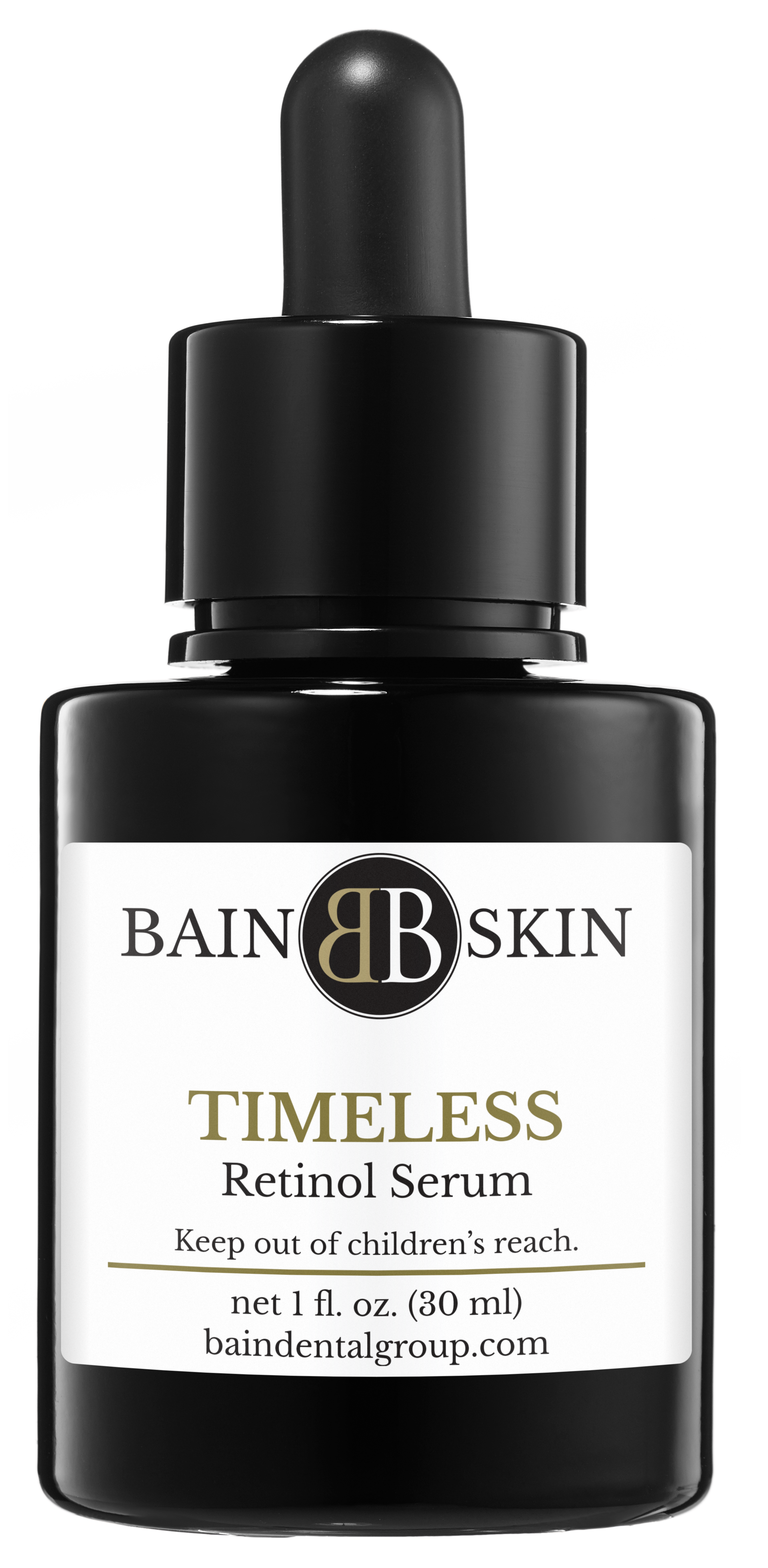 A bottle of timeless retinol serum with a dropper on a white background.