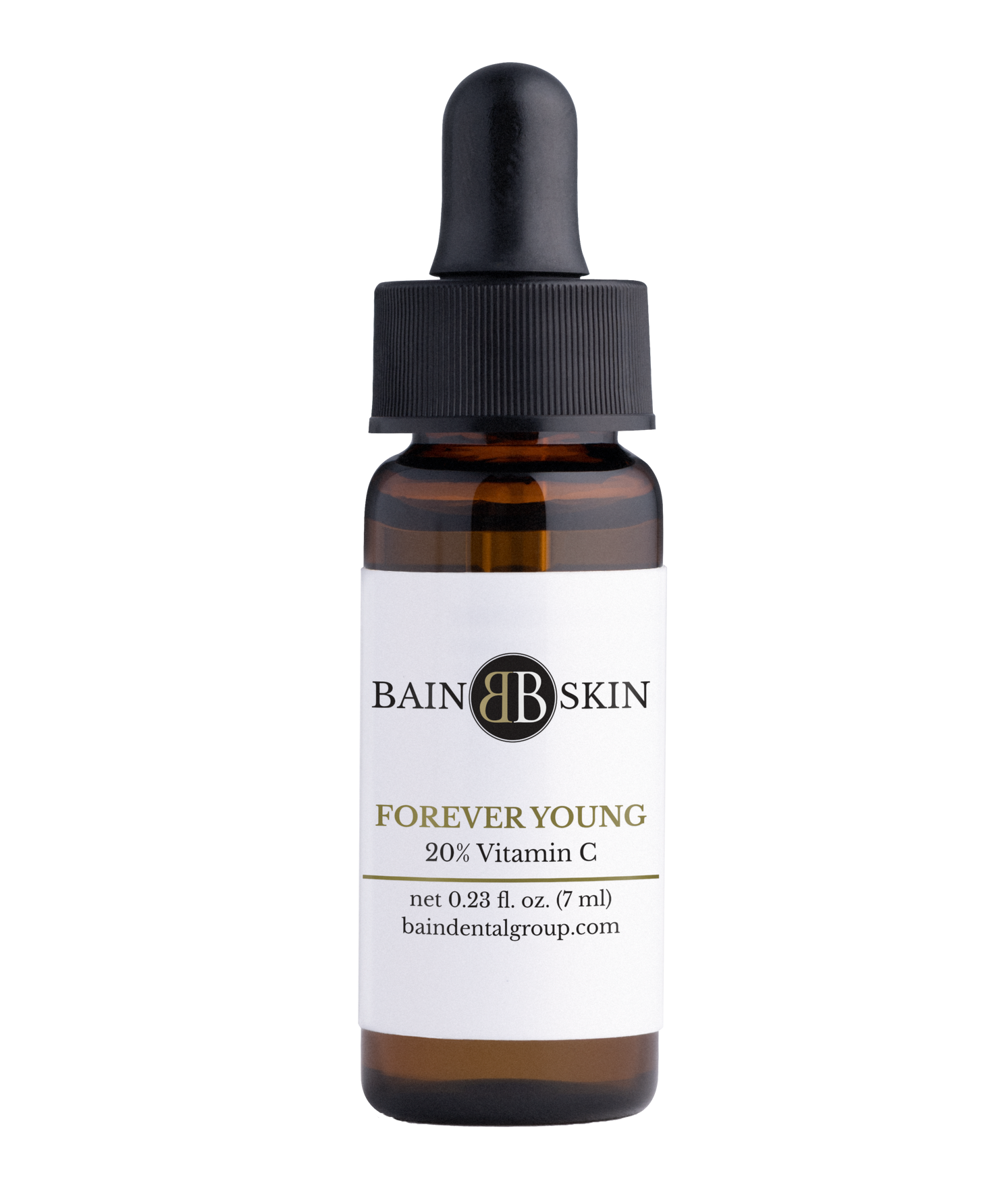 A bottle of forever young vitamin c serum with a dropper on a white background.