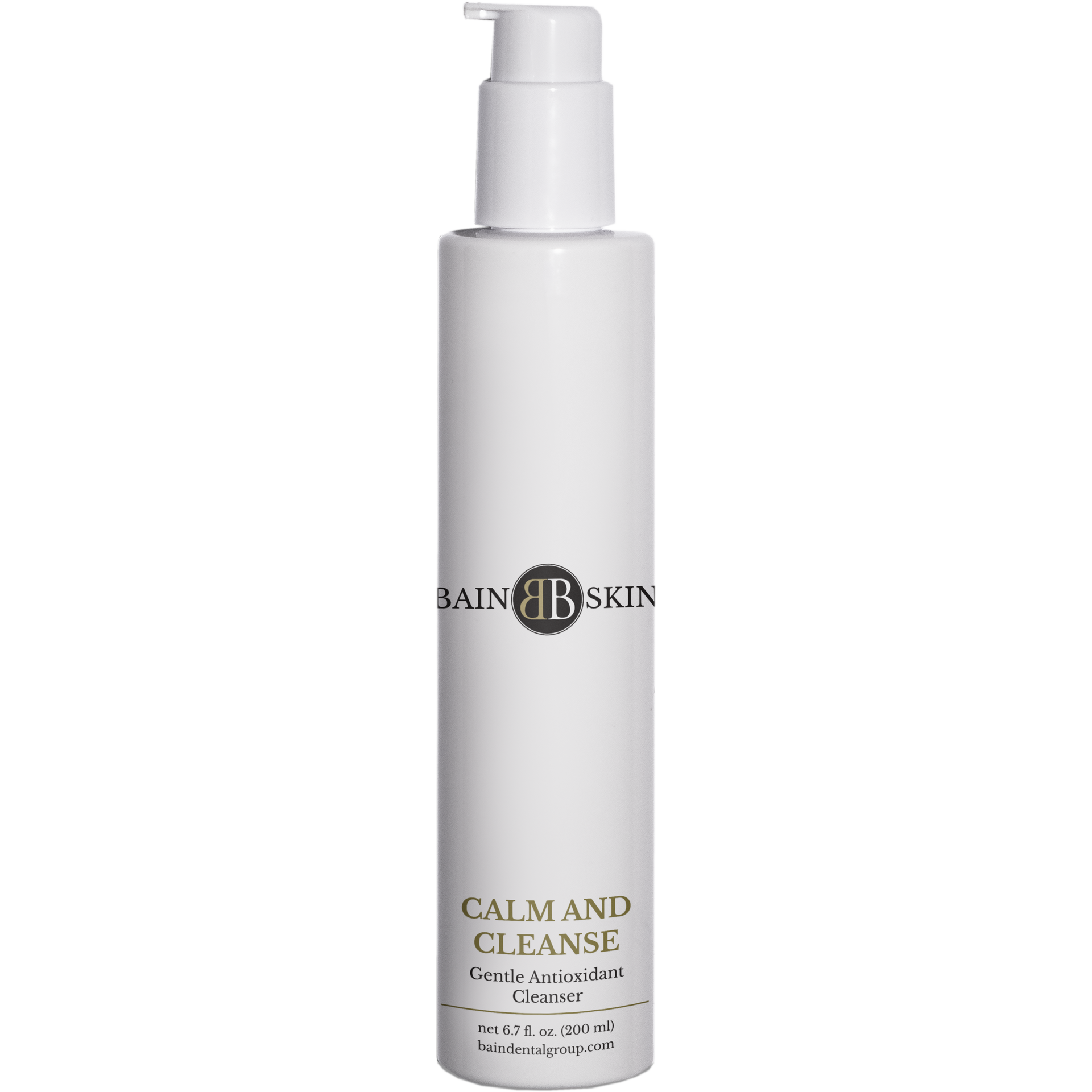 A white bottle of calm and cleanse is on a white background.