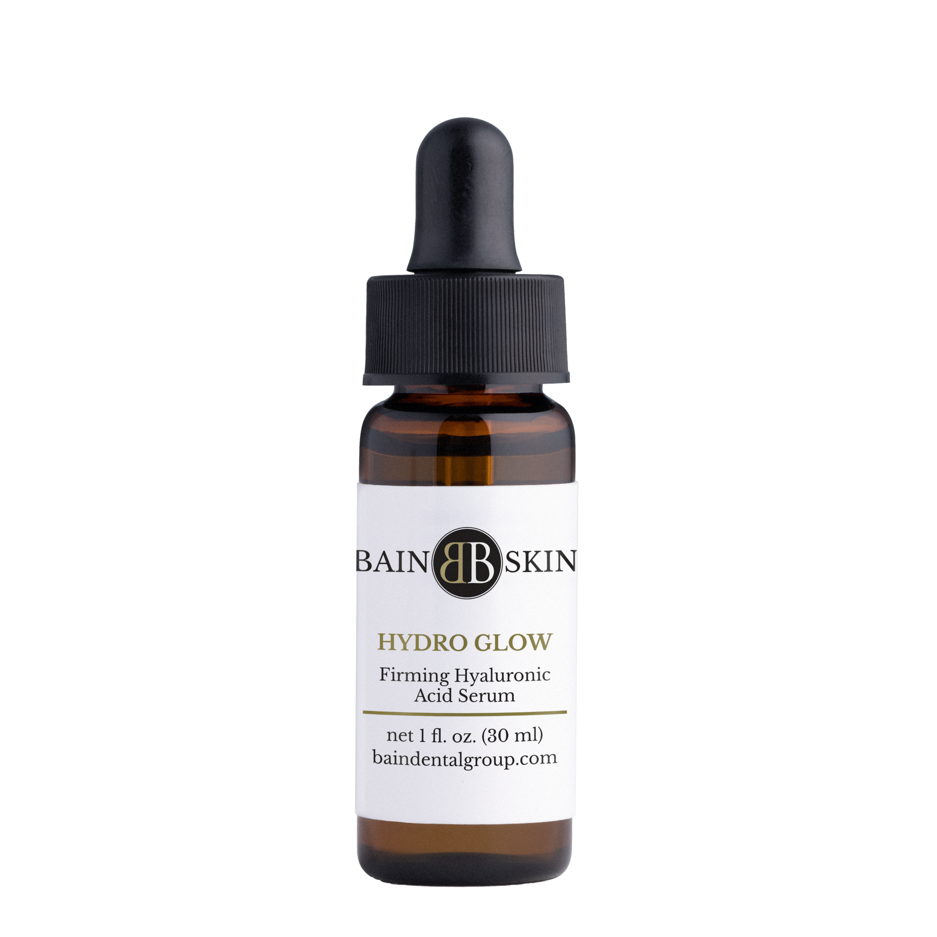 A bottle of hydro glow serum with a dropper on a white background.
