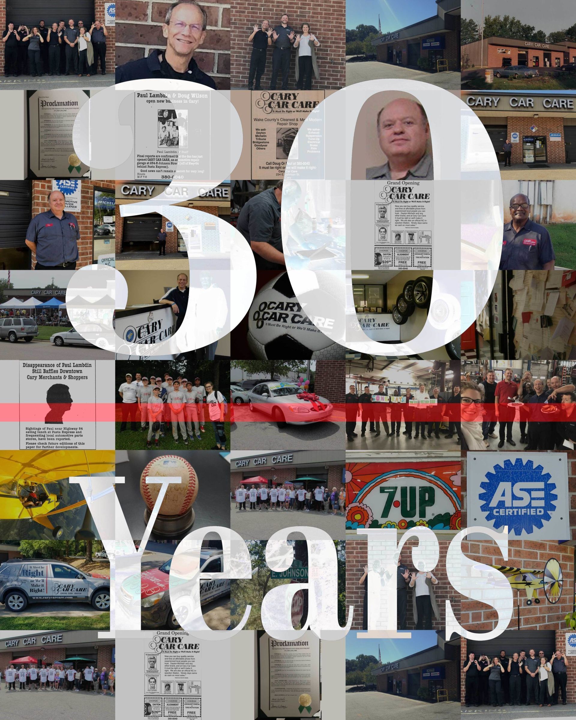 Collage celebrating 30 years of business with photos of people, products, and locations.