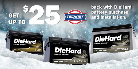 Advertisement for DieHard batteries: Get up to $25 back with purchase and installation. Three batteries on snow.