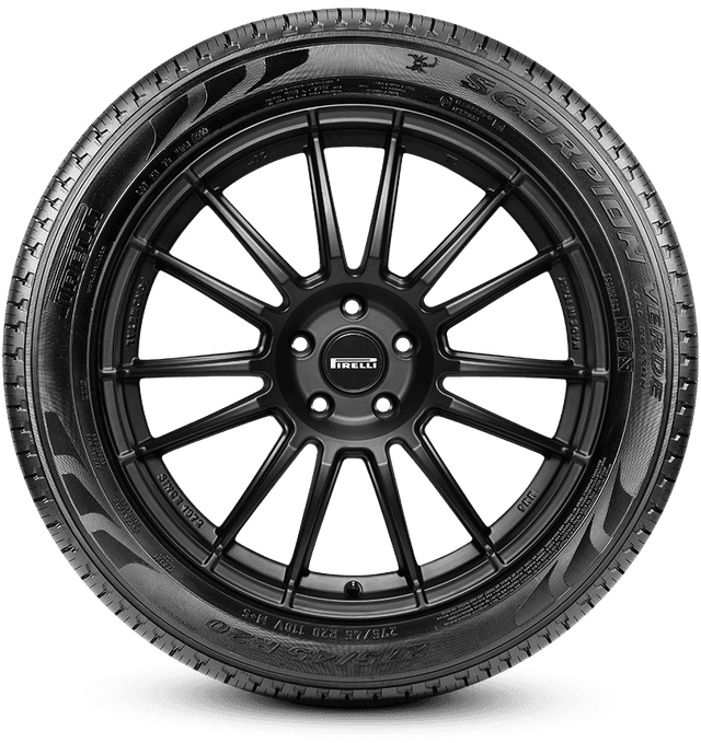 Black car tire and rim with tread pattern.