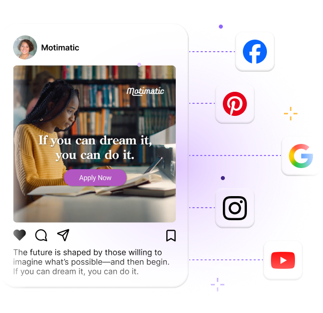 Motimatic Create interface with asset library, editor, and social media preview