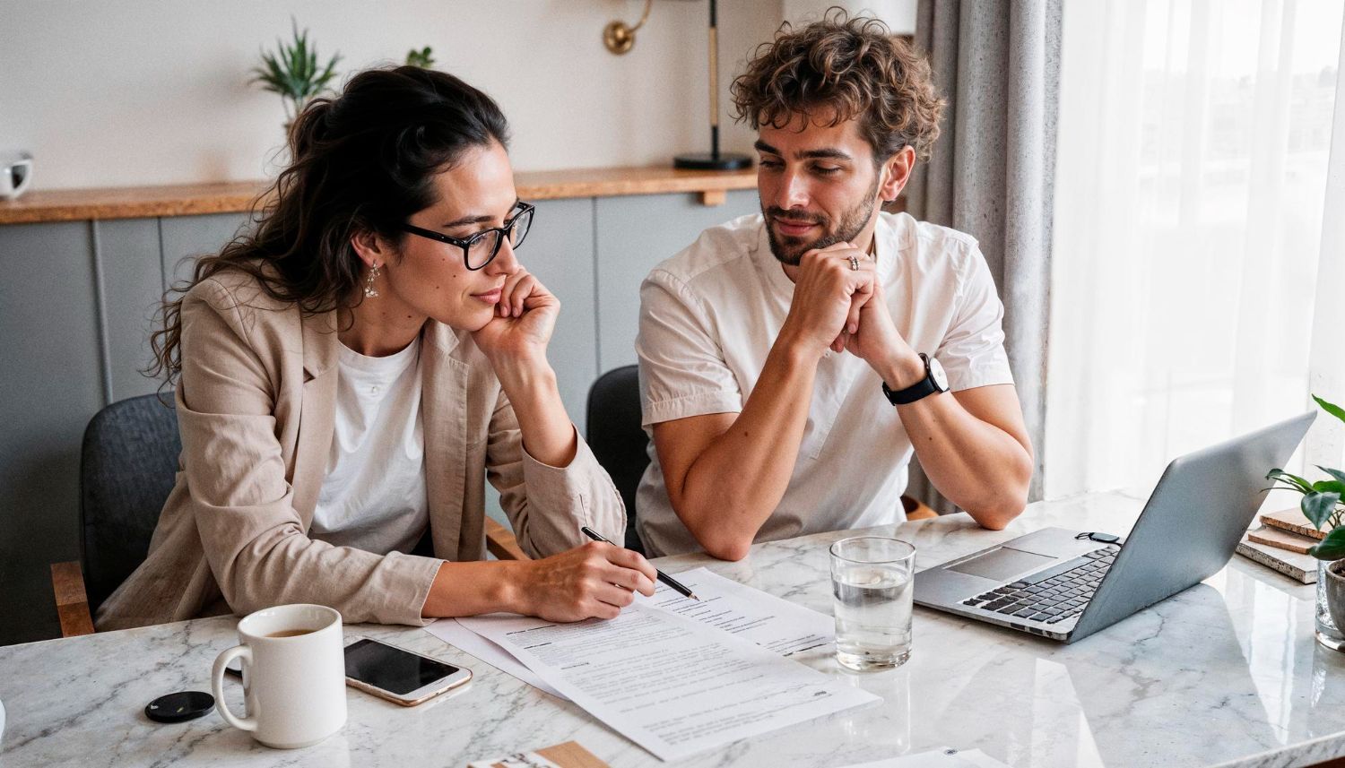 Two coworkers discuss papers at a desk with a laptop and coffee in a bright office.