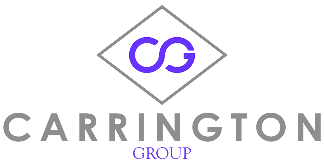 Carrington Group logo with purple CG monogram in a diamond above gray text