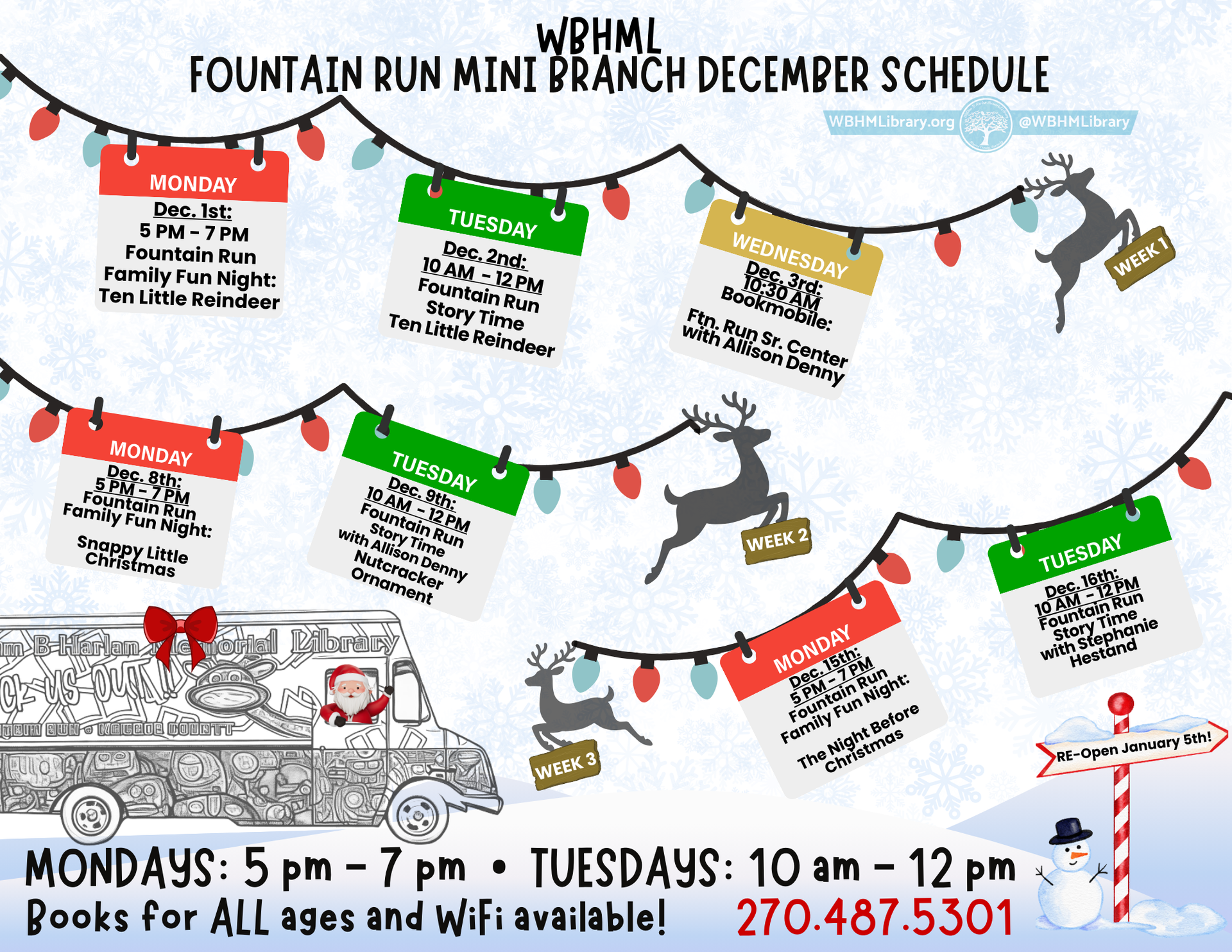 December activities at WBHM Library Fountain Run Mini Branch. Family time, story time, and senior center visit listed.