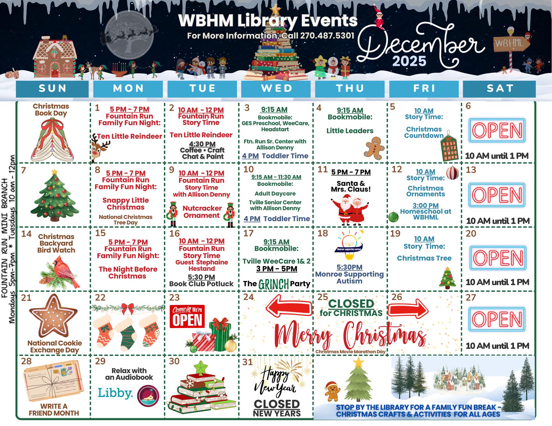 December 2025 calendar with library events.