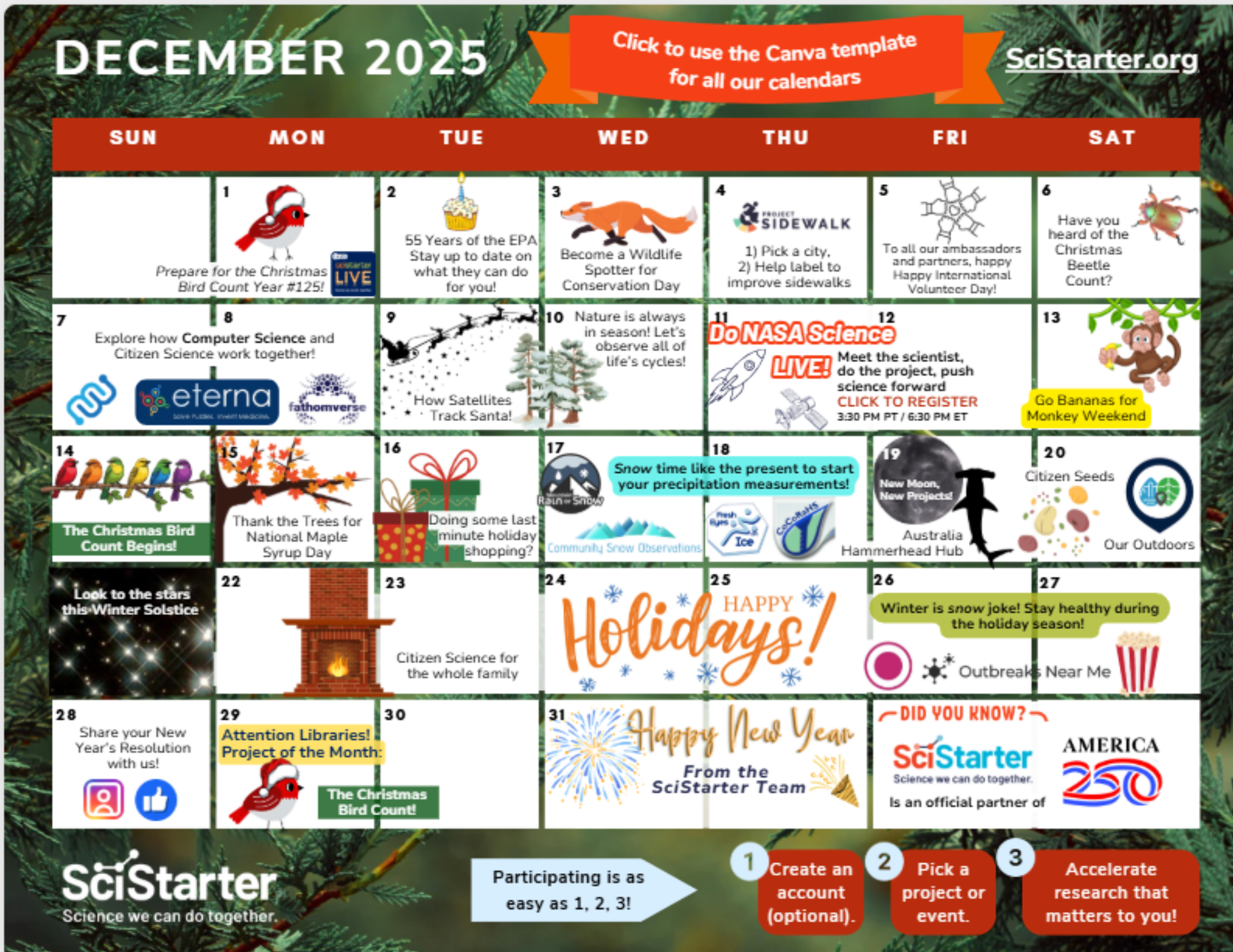 October 2025 calendar with SciStarter projects & holidays. Bats, pumpkins, spiderwebs, and other fall icons.
