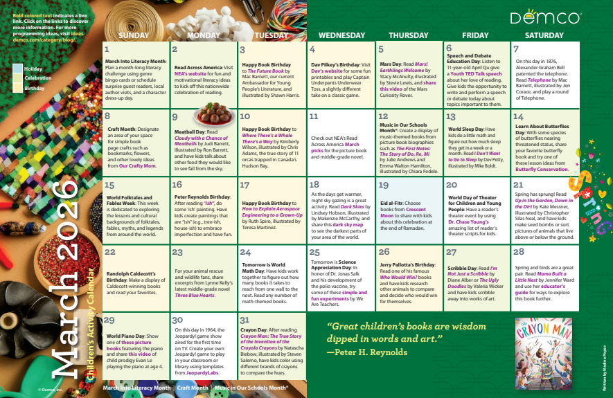 March 2026 calendar with craft supplies. Days have brief text notes.