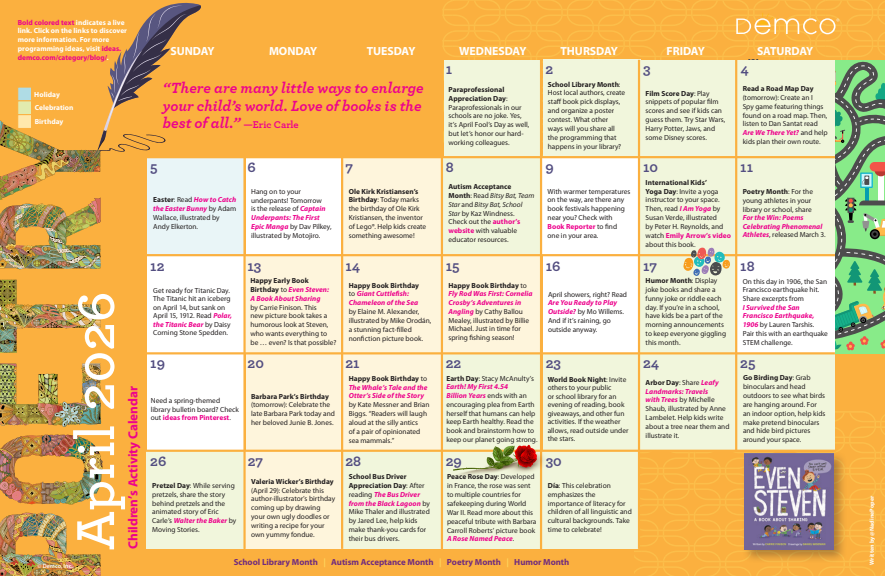 April 2026 calendar with yellow poetry background. Days have brief text notes.