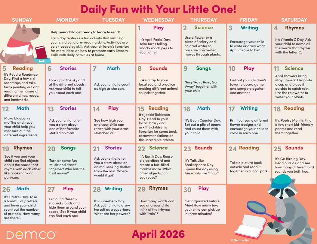 April 2026 calendar with daily activities for young children. Features cartoon animals.