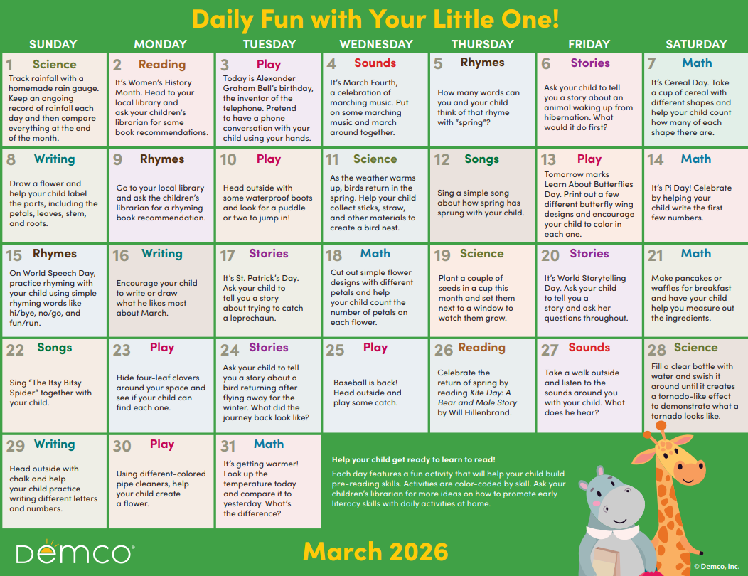 March 2026 calendar with daily activities for young children. Features cartoon animals.